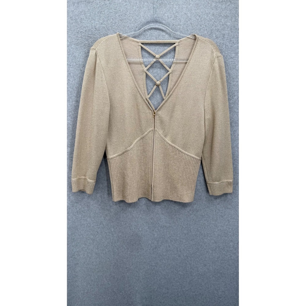 St. John Evening Zip Up Cardigan Women 12 Gold Metallic Lattice Back 3480